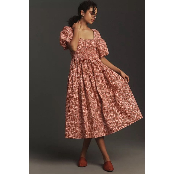 Anthropologie Dresses & Skirts - Anthropologie Red Floral Smocked Puff Sleeve Midi Dress Square Neck Large NWT